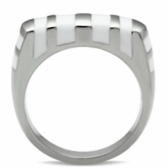 Stainless Steel Cocktail Ring Size 6 7 9 10 Silver White Enamel Stripes Band - Picture 2 of 8